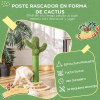 PawHut Poste Rascador para Gatos en Forma de Cactus Pequeño Árbol Rascador para Gatos con Poste de Sisal y Felpa Pelota Colgante y Base con Juego de Madera 32x32x60 cm Verde - details 3