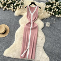 Vestido Largo Sin Mangas De Verano Para Mujer REALEFT V-neck Cintura Imperio Slim Alineado Hasta La Cintura De Poliéster - details 21