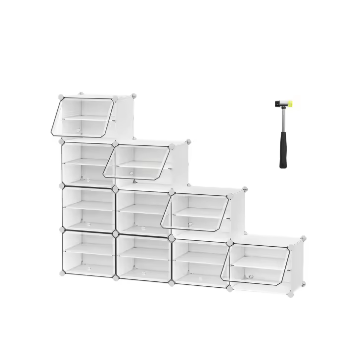 SONGMICS Mueble Zapatero Plástico, 10 Compartimentos, Zapatero Modular, Estantería Modular de Plástico, 30 x 40 x 30 cm Cada Cubo, con Puerta, Marco Acero, Panele Plástico, Blanco/Negro - 1