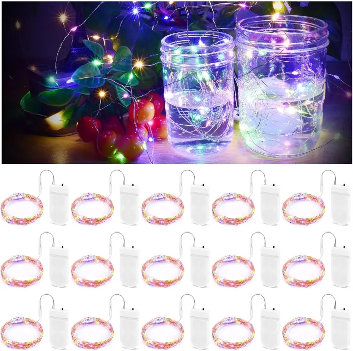 Paquete de 15 luces LED de cadena, luces LED de hadas a batería, impermeables, alambre de cobre plateado, 2 m, 20 luces LED de cielo estrellado (coloridas) - 1
