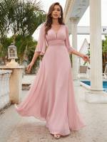 Vestido De Novia Maxi Unithorse Con Cuello Encaje Manga Larga Estilo Elegante Para Damas De Honor Material Poliéster Silueta A-Line - details 1