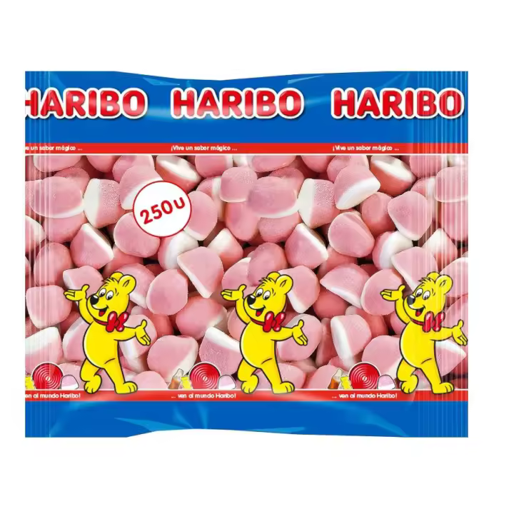 HARIBO BESOS DE FRESA Y NATA 250 UDS APROX 1.63KG El puesto a gominola más rica y clásica se lo llevan estos besitos de nata y fresa. El exterior de esta gominola cubierto por azúcar hace que sea todavía más irresistible SABOR ORIGINAL HARIBO TOP - 1