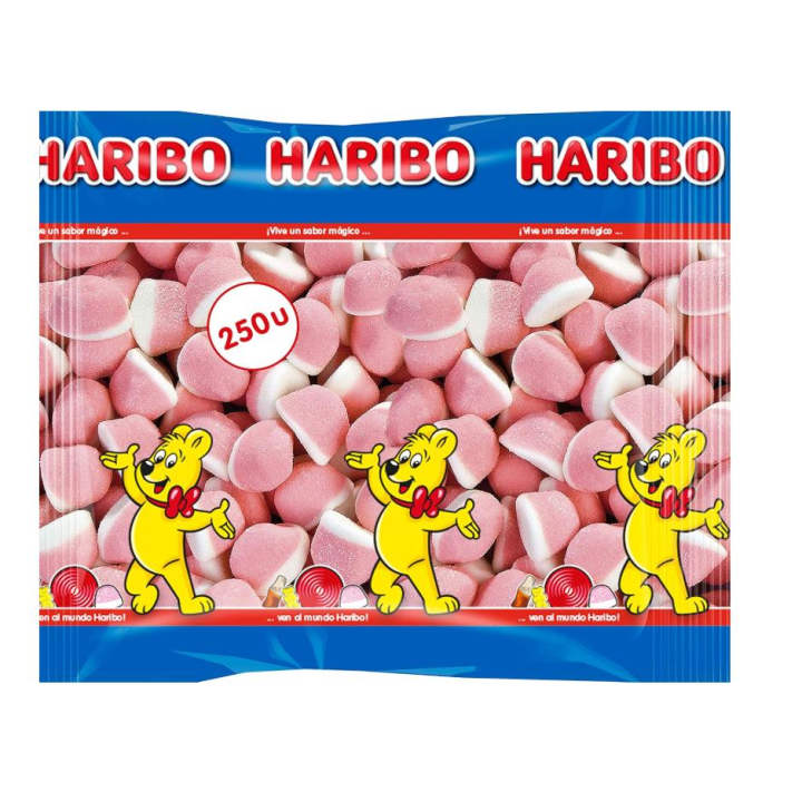 HARIBO BESOS DE FRESA Y NATA 250 UDS APROX 1.63KG El puesto a gominola más rica y clásica se lo llevan estos besitos de nata y fresa. El exterior de esta gominola cubierto por azúcar hace que sea todavía más irresistible SABOR ORIGINAL HARIBO TOP