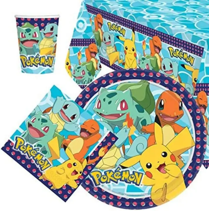 CAPRILO REGALOS & DECORACIÓN Lote de Cubiertos Infantiles"POKÉMO" (8 Vasos, 8 Platos, 16 Servilletas y Mantel 120 x 180 cm) .Vajillas. Decoración para Fiestas de Cumpleaños, Bodas, Bautizos y Comuniones. AB - 1