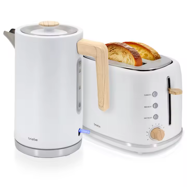 Briebe SKT1167WHT Nordic Set Tostadora Pan Ranura Ancha 2 Rebanadas + Hervidor  Agua Eléctrico 1,7L Inalámbrico, 2200W, Blanco - 1