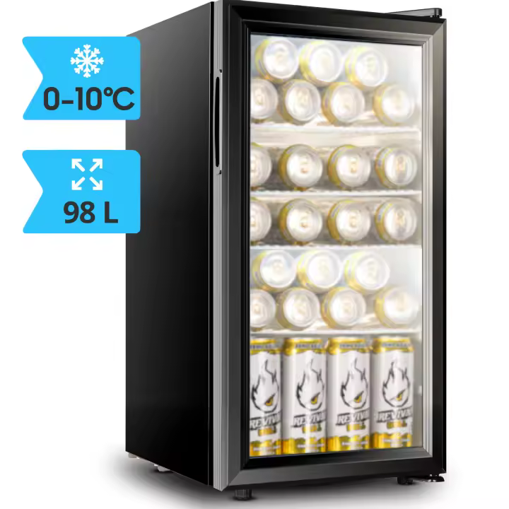 Cassary Mini frigorífico de 35 hasta 98 litros (temperatura de 0-10ºC). Nevera con puerta de cristal de bajo consumo. Mini nevera pequeña para habitación con puerta expositora. Frigoríficos pequeños. - 1