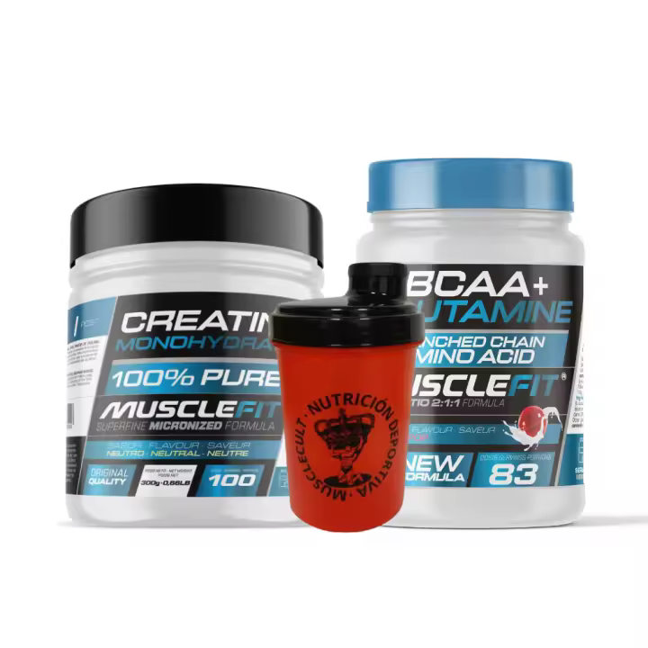 MUSCLEFIT Pack Ahorro Glutamina + Bcaa´s 500g - Varios Sabores + Creatina Monohidrato 300g - Sin Sabor + Shaker (regalo) │MUSCLECULT - 1
