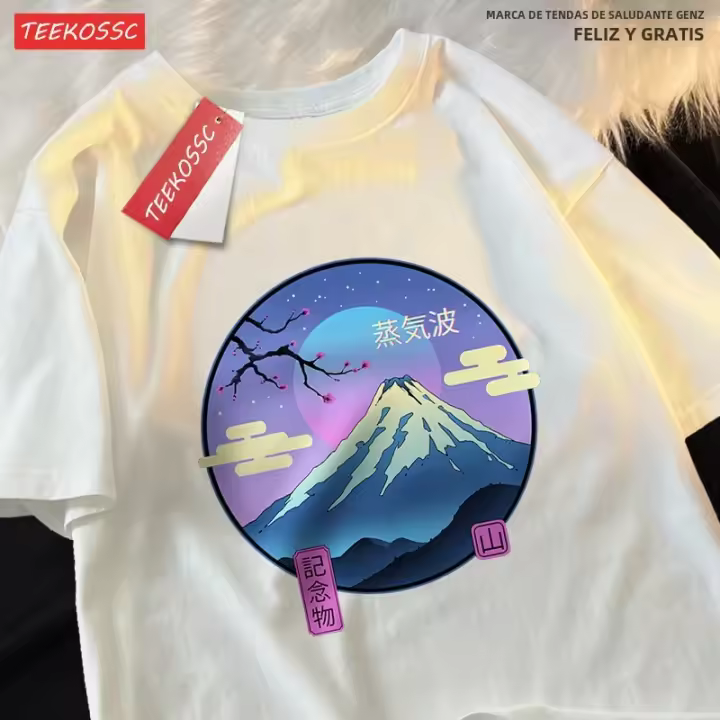 Camiseta Hombre Japón Harajuku Sakura Mont Fuji Verano Hip Hop Algodón T-Shirt Casual Crewneck Sobredimensionado Tops Transpirable Estirable Sostenible - 1