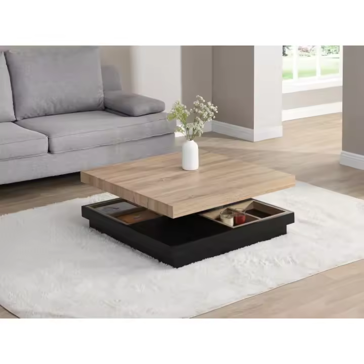 Vente-unique - Mesa de centro - Tablero pivotante - MDF lacado negro y natural - FAUSTO - 1