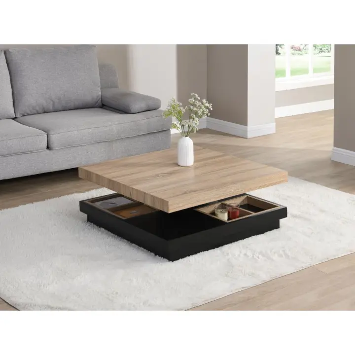 Vente-unique - Mesa de centro - Tablero pivotante - MDF lacado negro y natural - FAUSTO - 1
