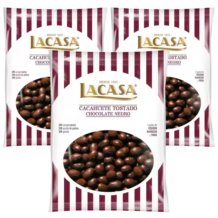 Lacasa Lote de 3x Bolsita de Cacahuete Tostado con Chocolate Negro 450G - 1