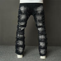 Jeans Rotos Y Spliced Streetwear HipHop Para Hombre Estilo Biker Con Agujeros Y Destazados Pantalones Vaqueros Sueltos De Doble Face De Medio Pecho Para Primavera Y Otoño - details 8
