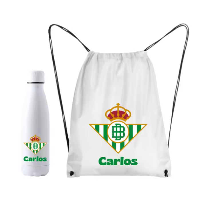 Mochila + Botella termo 700ml + taza 350ml + llavero - (DEJAR NOMBRE EN CHAT O NOTAS) Escudo del Real Betis + nombre - 1