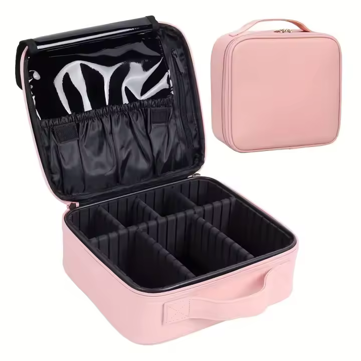 Estuche De Maquillaje Profesional Portátil Para Viajes Con Organizador Y Divisores Ajustables Color Rosa Material Oxford Tamaño 26*23*9cm - 1