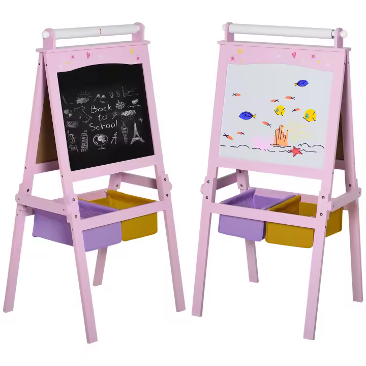 HOMCOM Pizarra Infantil Caballete 3 en 1 Pizarra de Doble Cara Caballete para Niños de +3 Años con Rollo de Papel y 2 Cestas de Almacenamiento 58,5x50,5x118 cm Rosa - 1
