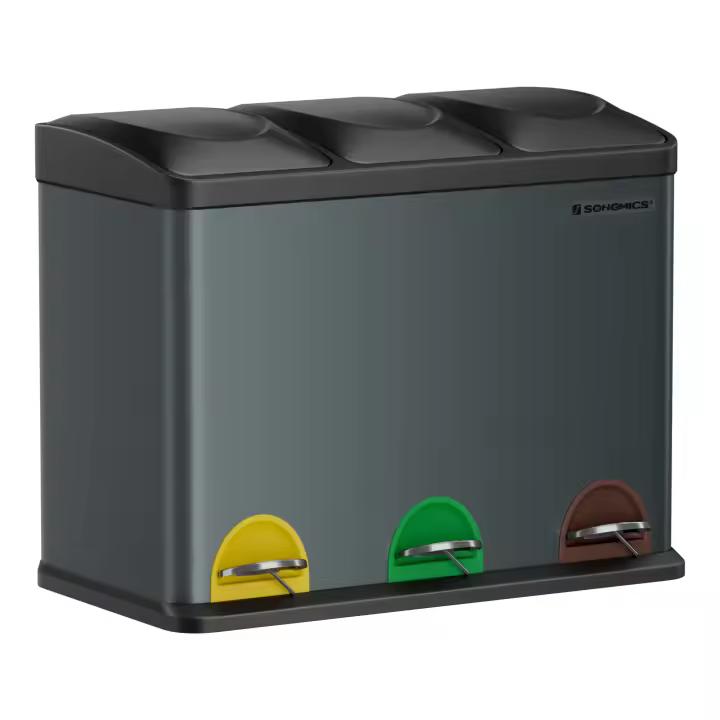 SONGMICS Cubo Triple para Cocina, Cubo Basura de Reciclaje, Pedal, Cubo de Basura de Metal 45 L, Sistema de Separación de Residuos Cubo para Cocina, 3 x 15 L, con Tapa, Acero, Plata/Blanco/Negro/Gris Verdoso - 1