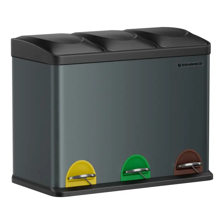SONGMICS Cubo Triple para Cocina, Cubo Basura de Reciclaje, Pedal, Cubo de Basura de Metal 45 L, Sistema de Separación de Residuos Cubo para Cocina, 3 x 15 L, con Tapa, Acero, Plata/Blanco/Negro/Gris Verdoso - 1