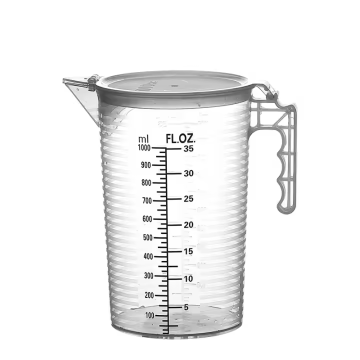 Jarrón graduado, 1000ml Jarrón medidor de plástico PP with Doble graduación en negro, ASA, Tapa y Pito para Laboratory, Cocina, Hogar - 1