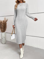 Vestido Midi De Cuello Redondo Para Mujer Elegante Y Moderno Con Ribbed Detalle En Glúteos Estilo Casual Polyester A-Line - details 1