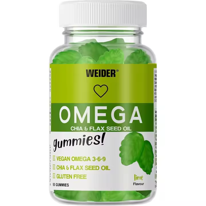 Weider - Omega Gummies, Gominolas de Ácidos Grasos Omega 3-6-9, 100% Vegetal con Semillas de Chía y Lino, Sin Azúcares y Sin Gluten, Apta para Veganos, Sabor Lima - Bote de 50 gominolas - 1