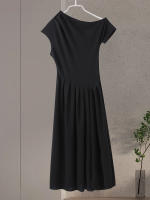 Vestido Maxi De Verano Para Mujer Elegante Y Chic Con Plegado Y Patchwork En Negro Cuello Media-Torço Manga Corta Cintura Alta A-Line Para Oficina Y Calle - details 8