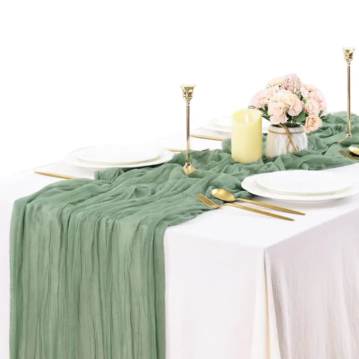 Mantel De Lino Verde 90x400cm Para Decoración De Mesa De Boda Fiesta Reunión Navidad Estilo Boho Rustico Tela De Queso - 1