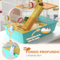 PawHut Jaula para Hámster Casa para Animales Pequeños con Túnel Plataformas Cuenco Bebedero Casita Rampas y Rueda de Ejercicio 45x28x37 cm Azul Claro - details 2