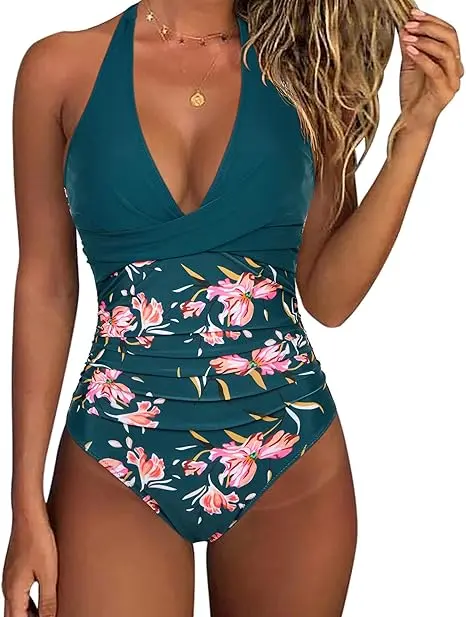 Trajes de baño de una pieza con control de abdomen y cuello halter push up para mujer - 1