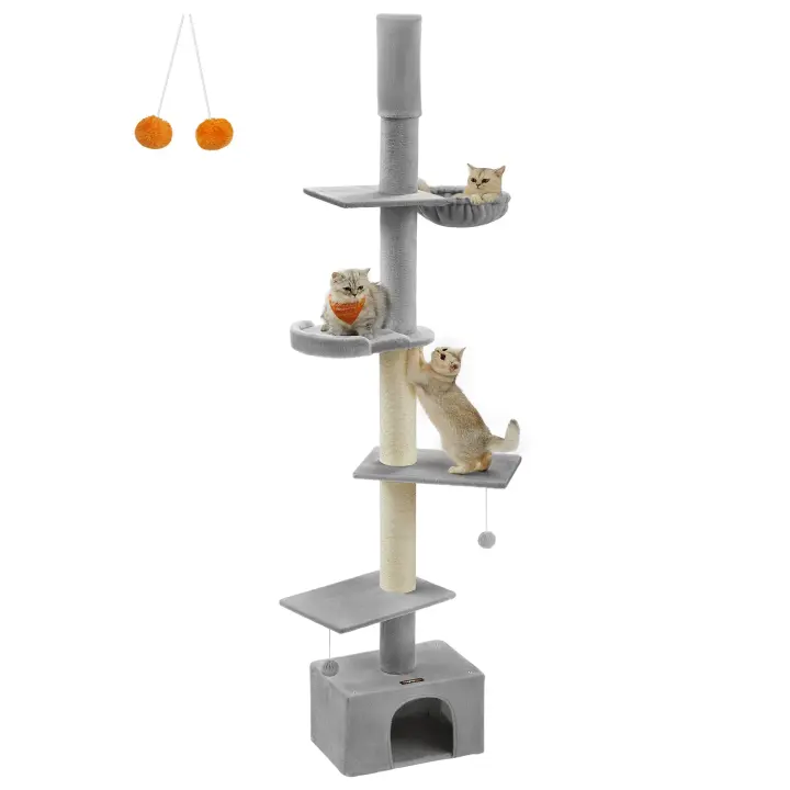 Árbol para Gatos, Torre de Suelo a Techo, Altura Ajustable 231-291 cm, Alto y Multinivel, Diámetro 11 cm, Gruesos Postes, Cueva, Hamaca, Plataforma - 1