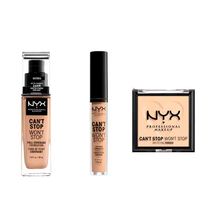 NYX Professional MakeUp | Rutina de Maquillaje:  Base de Maquillaje Mate de larga duración Can't Stop Won't Stop tono Natural + Corrector Can't Stop tono Natural + Polvo fijador Can't Stop tono Fair  : Logra un look de maquillaje completo con esta rutina. - 1