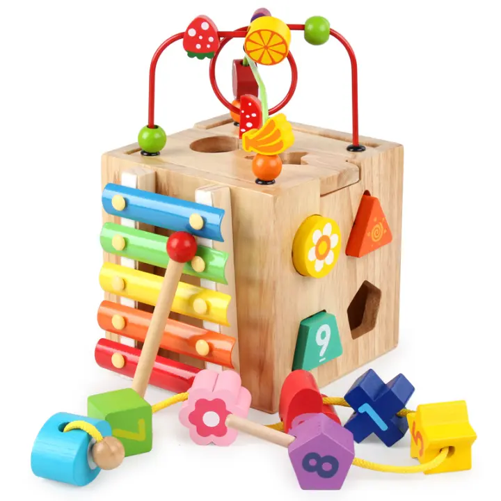 Cubo de actividades de madera | Juguete Montessori 8 en 1 para niños pequeños de 18 meses, juego de juguetes para bebés con tablero adicional para clasificar y apilar - 1