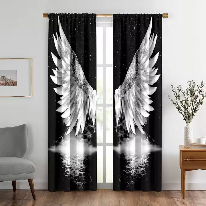2pcs Cortinas Negras Para Ventana Con Alas De Angel Y Estrellas Decoración De Habitación Adecuadas Para Dormitorio Sala De Estar Oficina Decoración Del Hogar - 1