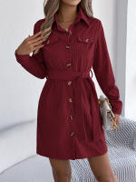 Vestido De Mujer Casual De Otoño E Invierno En Color Sólido De Corduroy Con Botones Y Cordones Largo De Cintura Vestimenta - details 17