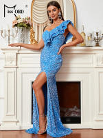 Vestido De Fiesta De Encaje Y Lentejuelas Missord Para Mujer Elegante Vestido De Boda Cocktail Prom Mermaid Maxi Vestido De Un Hombro Con Volante Y Abertura En La Pierna - details 5