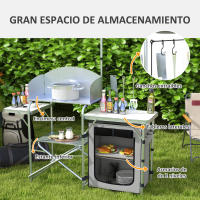 Outsunny Mueble de Cocina para Camping Armario para Camping Plegable con Mesas Estantes Poste de Luz Elevable y Bolsa de Transporte para Acampada Picnic 144x48x119 cm Plata y Gris Claro - details 3