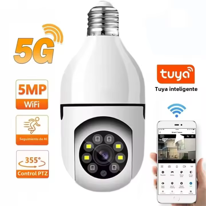 Cámara De Seguridad Interior Tuya 5G WiFi Con Luz LED Color Y Visión Nocturna Automática Rastreo Bola De Humano Audio Bidireccional E27 Base Mini PT Cámara - 1