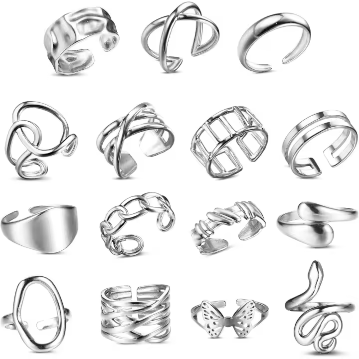 16 Piezas Anillos Mujer Plata Ajustable Anillo de Apilamiento Aneis Aço Inoxidable Mulher Anillo Pie para Mujeres Tono Plateado1 - 1