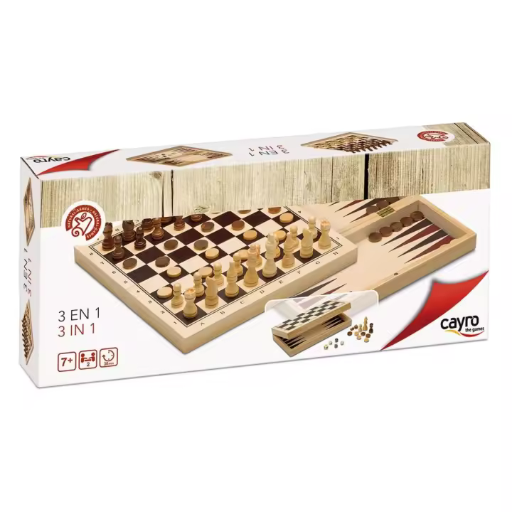 Cayro - Ajedrez, Damas y Backgammon - + 7 Años - Madera - Triple Juego Educativo de Mesa de Niños y Adultos - Tablero Plegable para Guardar las Fichas - 1