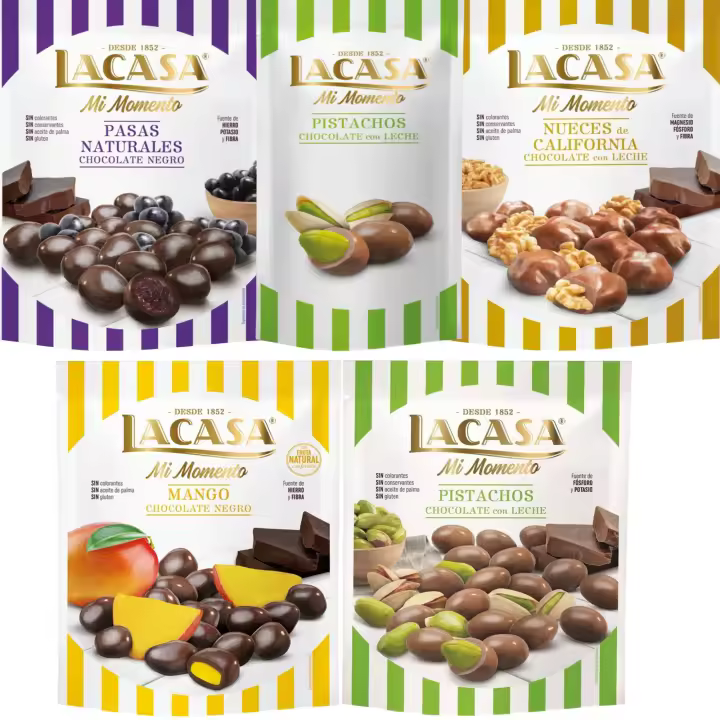 Lacasa Mi Momento pack de 5:Pistacho Leche 50G,Nueces Leche 115G,Pasas choco Negro 150G,Pistacho Leche 100G,Mango choco Negro 115G - 1