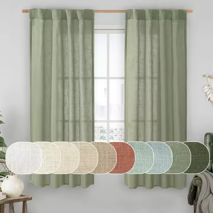 Sage Green Linen Semi Sheer Curtains 63 Inch for Bedroom, Light Filtering Neutral Window Curtains Farmhouse Boho Back Tab and Rod Pocket Panels, 2 Panels, 38 x 63 Inch - 1