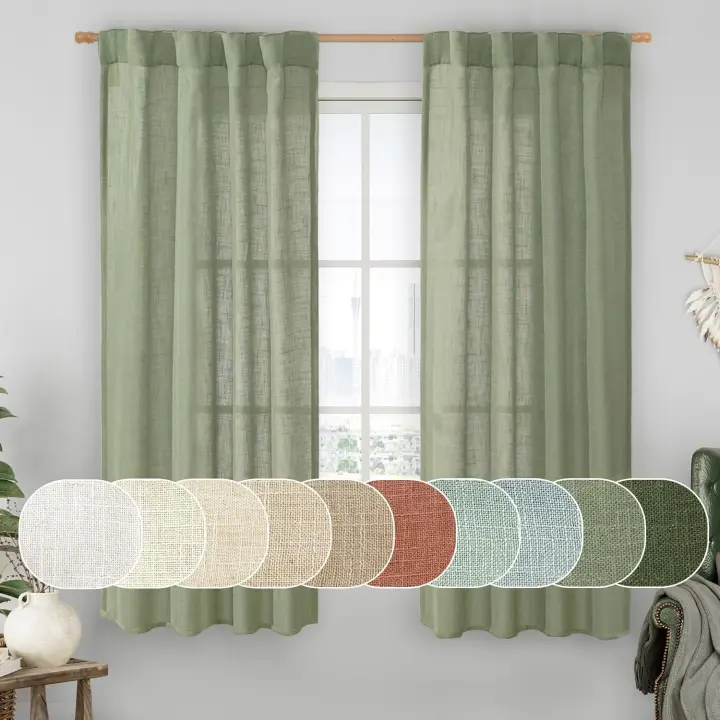 Sage Green Linen Semi Sheer Curtains 63 Inch for Bedroom, Light Filtering Neutral Window Curtains Farmhouse Boho Back Tab and Rod Pocket Panels, 2 Panels, 38 x 63 Inch - 1