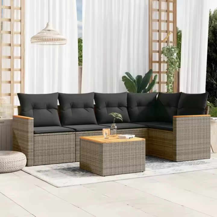 vidaXL Set de muebles de jardín 6 pzas y cojines ratán sintético gris - 1