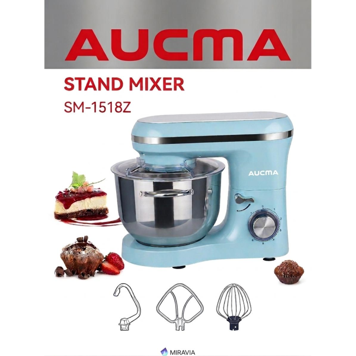 Aucma Batidora Amasadora, 1400W Batidora de Pie, con Bol de Acero Inoxidable de 6,2 L Amasadora de Pan, 6 Velocidades Eléctrica Amasadora para Repostería con Gancho para Masa, Batidor (AZUL)