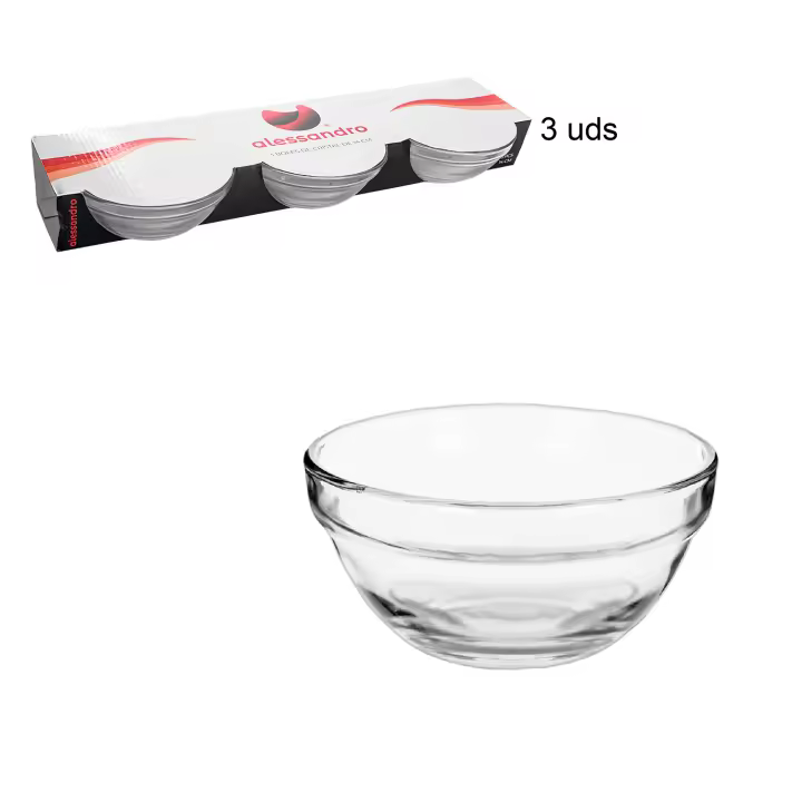 Bol de Cristal Redondo. Pack de 3 o 6 unidades. 6 Tamaños Diferentes. Cuenco Cristal Versátil para Cocina, Perfecto para Servir Ensaladas, Sopas y Postres. Elegancia y Funcionalidad en tu Mesa. Ideal para el Hogar y Hostelería. - 1