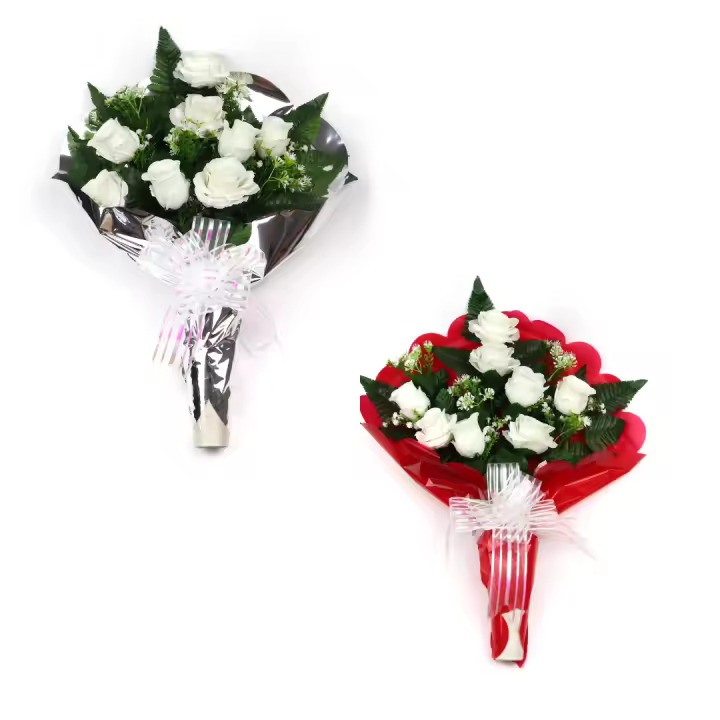Ramo de Flores Artificiales de Tela para Cementerio arcoirsl - Composición de rosas blancas - Medidas 55×40 cm - Ideal para Todos los Santos - Resistente a Intemperie y Duradero - Disponible con Envoltorio en Varios Colores - 1