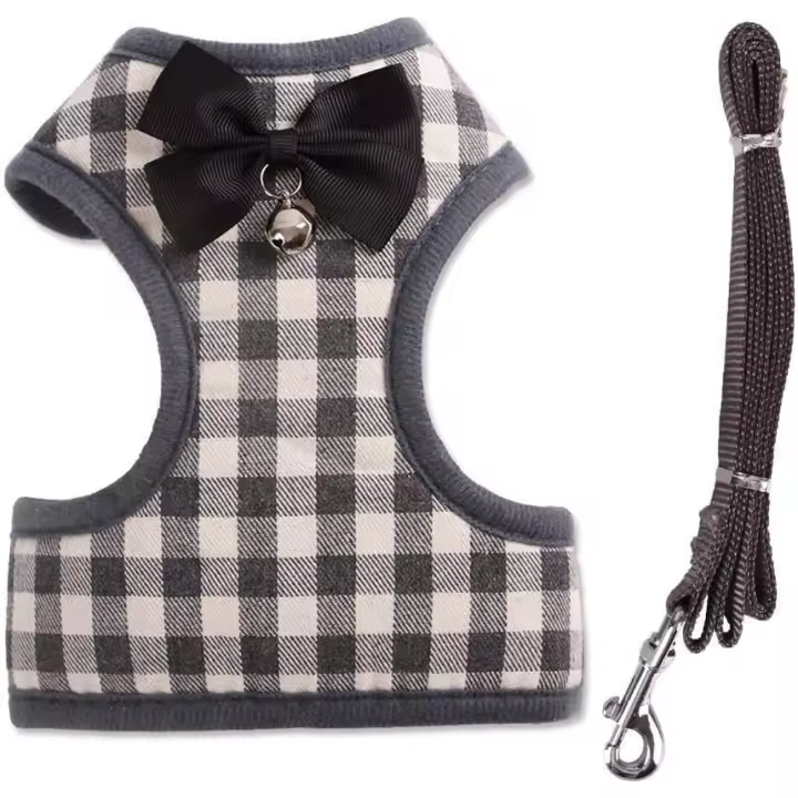 Pet Harness + Pet Leash - Classic Plaid Kitty Lead Rope Puppy Harness Set for Small Dogs Large Cats (S, Gray Plaid) - 1