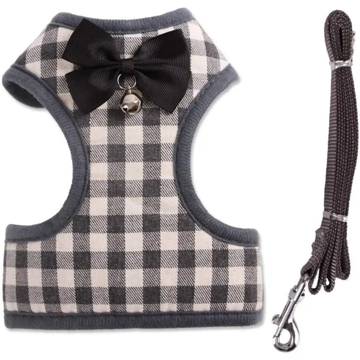 Pet Harness + Pet Leash - Classic Plaid Kitty Lead Rope Puppy Harness Set for Small Dogs Large Cats (M, Gray Plaid) - 1