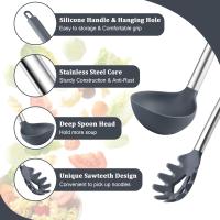Utensilios de cocina de silicona, 2 cucharas soperas grandes antiadherentes y tenedor para pasta para cocinar, mezclar, servir sopa, salsa, pasta y huevos. No tóxicos, resistentes al calor y aptos para lavavajillas, color gris claro. - details 1