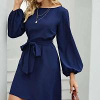 Vestido De Mujer Talla Grande De Chiffon Color Sólido Moda 2021 Manga Farol Suéter Cinturón A-Línea Cuello Redondo Largo Hasta La Rodilla - details 1