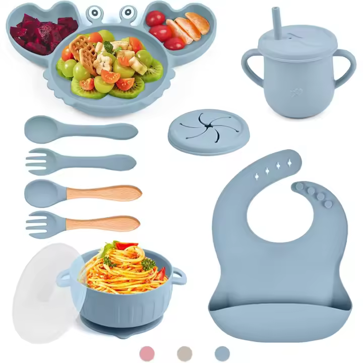 Set de Vajilla para Bebé de Silicona (Azul, Rosa y Gris) – Set de Alimentación Infantil con Plato, Cuenco, Taza y Cuchara – Sin BPA, Ideal para la Etapa de Destete - 1